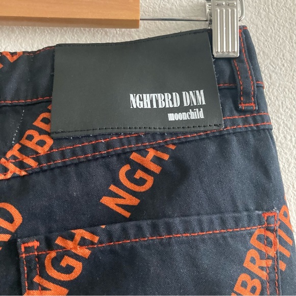 NWT Dolls Kill Nghtbrd Dnm Signature Moon Child Rust Raw Hem Logo Jeans AOP - Picture 7 of 11